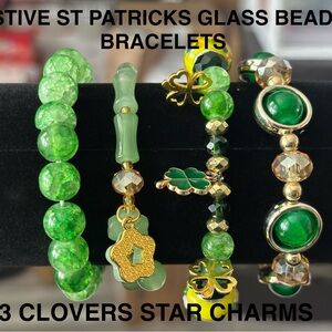 Festive St. Patrick's Glass Bead Bracelets with 3 Clovers Star  Charms 4 pc Set